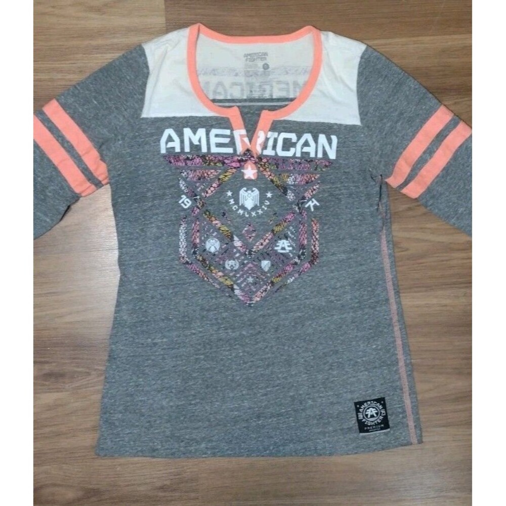 American Fighter Women's Graphic T-Shirt XL 3/4 Sleeve Grey Pink